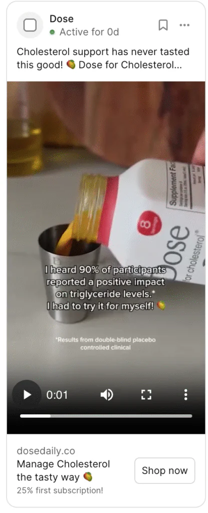 Graphic showcasing Number/Statistic Hooks example of a Meta Ad hook UGC video from the brand Daily Dose.